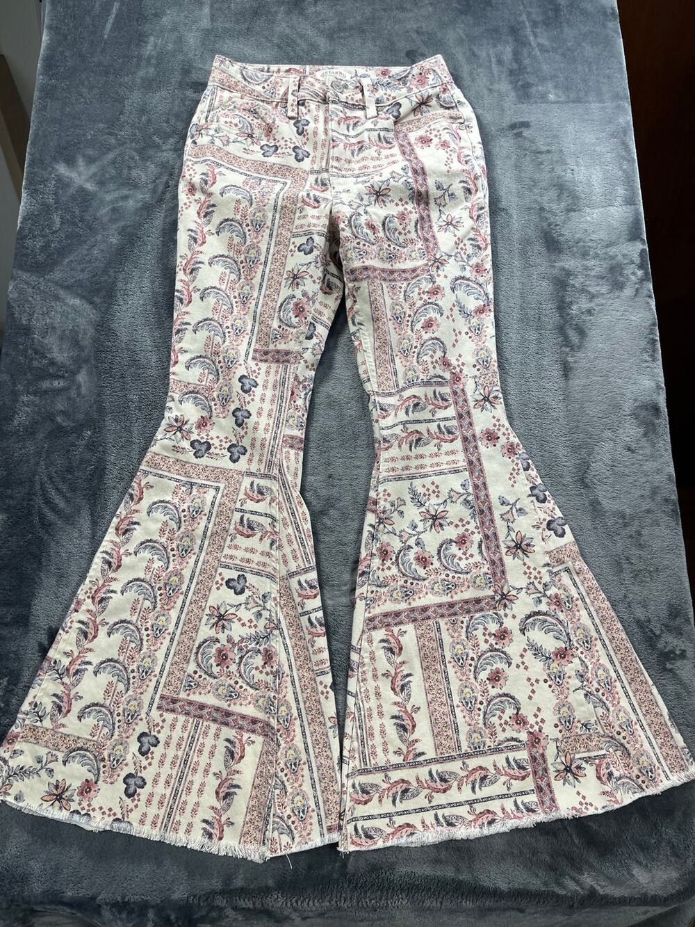 Shyanne Womens 27 Floral Paisley Flare Bell Bottom Jeans 14 In Fringe Hem Boho
